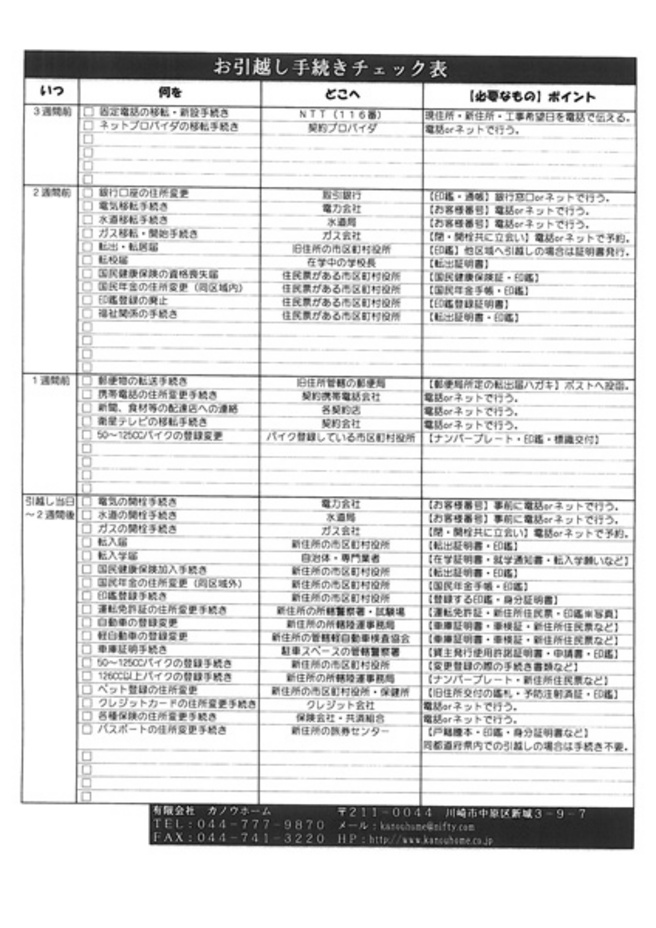 お引越し手続きチェック表